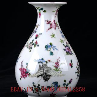 Chinese Porcelain Hand - Painted Flower & Crane Vase W Qianlong Mark Cqyg04 photo
