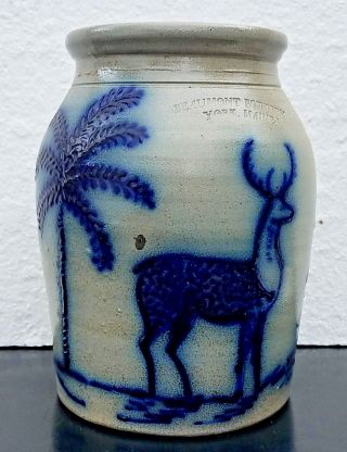 1985 Beaumont Pottery Salt Glaze Crock Cobalt Deer Palm Tree York Maine Fine Jar photo