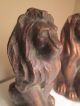 Vintage Pair Cast Iron Sitting Lions Paw On Ball Bronze Gold Finish Statues 6.  5 