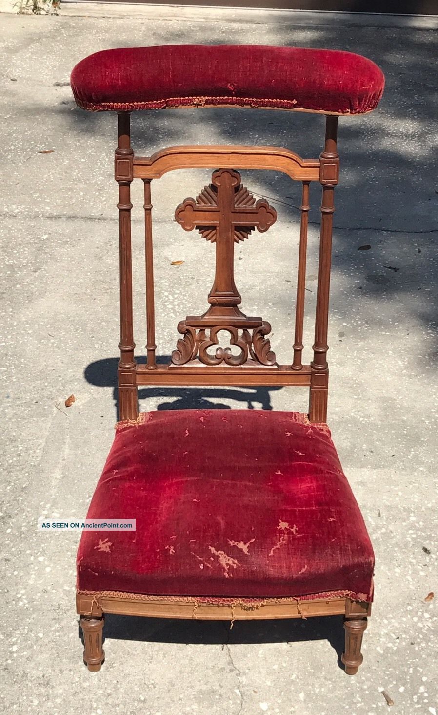 Antique French Walnut Prayer Chair Kneeling Chair With Velvet And Carved Cross Other Antique Furniture photo