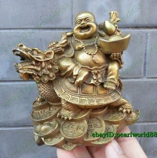 China Brass Happy Laugh Buddha Yuanbao On Dragon Turtle Tortoise Lucky Statue photo