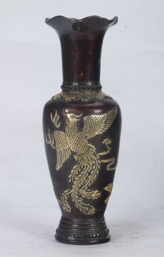 Chinese Bronze Gilt Hand Carved Dragon & Phoenix Vase W Qing Dynasty Mark Ht034 photo