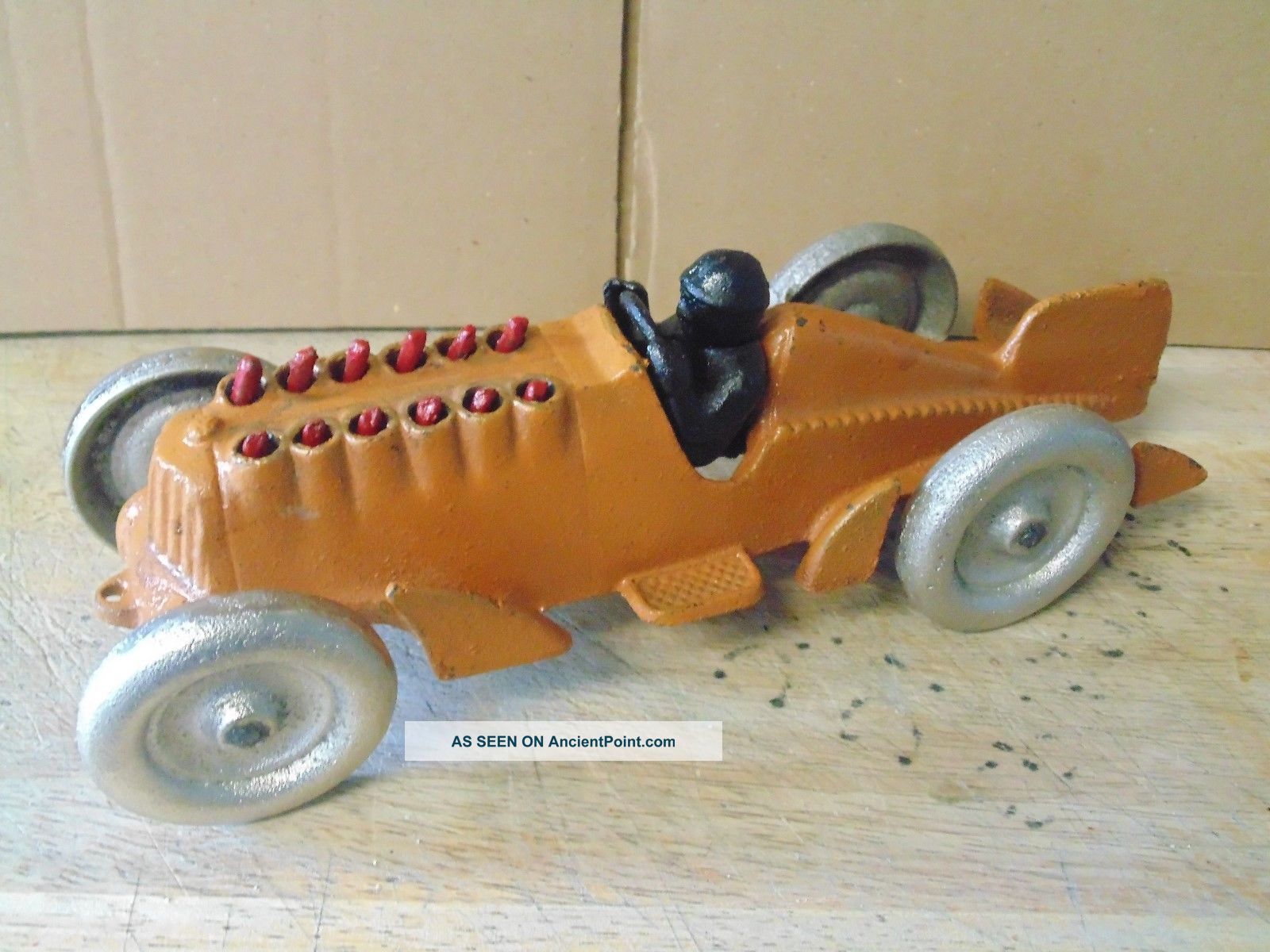 Vintage Hubley Cast Iron Orange Road Race Car Moving Flame Red Pistons Art Deco photo