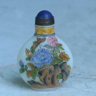 China Exquisite Hand - Painted Lotus Flower Butterflie Pattern Glass Snuff Bottle photo