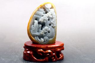 Exquisite 100 Natural Hetian Jade Hand Carved Moutain & Man Statue Y088 photo