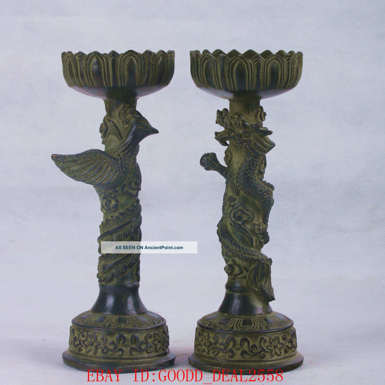 Chinese Bronze Handwork Carved Dragon & Phoenix Candlestick W Xuande Mark Qt053 Other Chinese Antiques photo