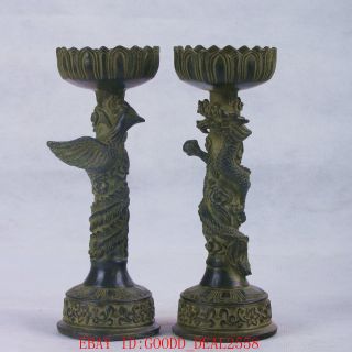 Chinese Bronze Handwork Carved Dragon & Phoenix Candlestick W Xuande Mark Qt053 photo