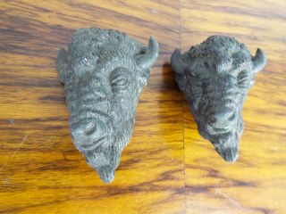 Antique Pair Metal Figural Buffalo Head Hardware Animal Handles Cigar Box Decor photo