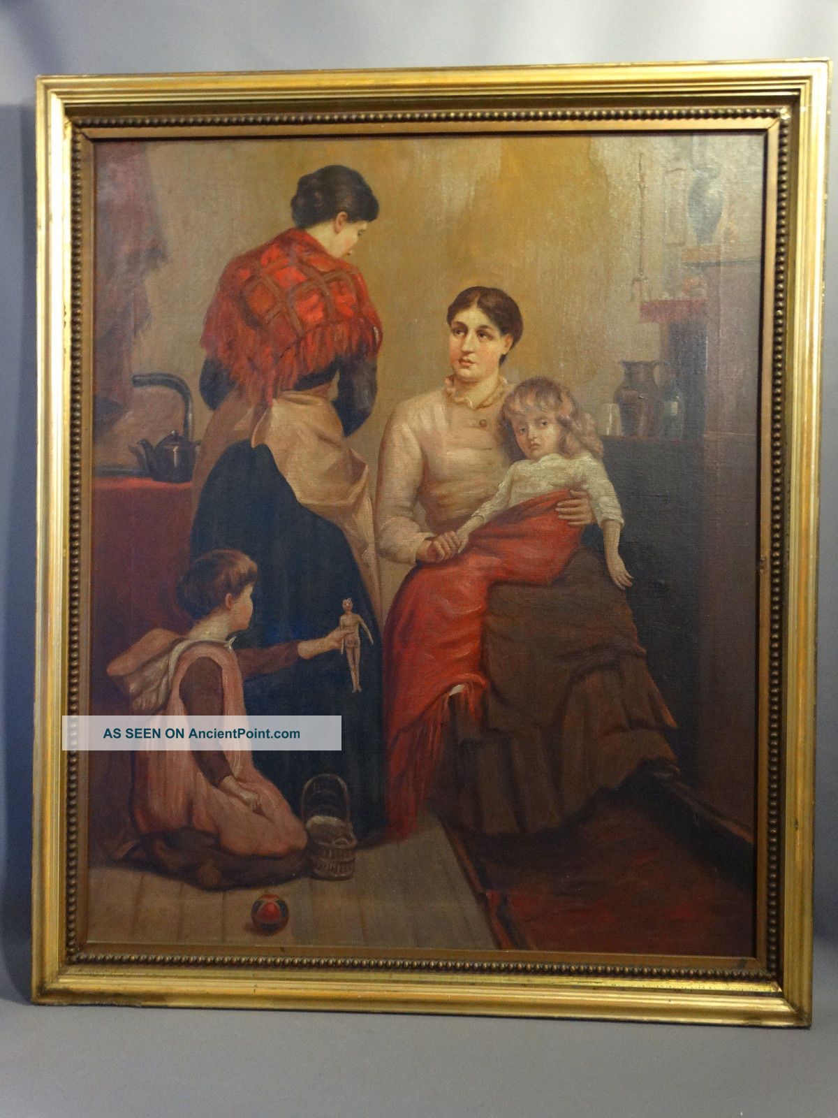 19thc Antique Victorian Lady Doctor Sick Child Homeopathic Medicine Oil Painting Other Medical Antiques photo