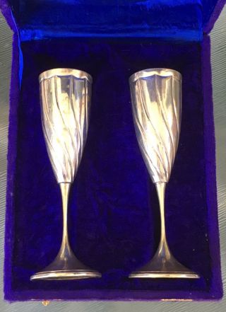 1940c Lav A Mano Handmade 800 Sterling Silver Goblet Pair Gold Wash,  Velvet Box photo