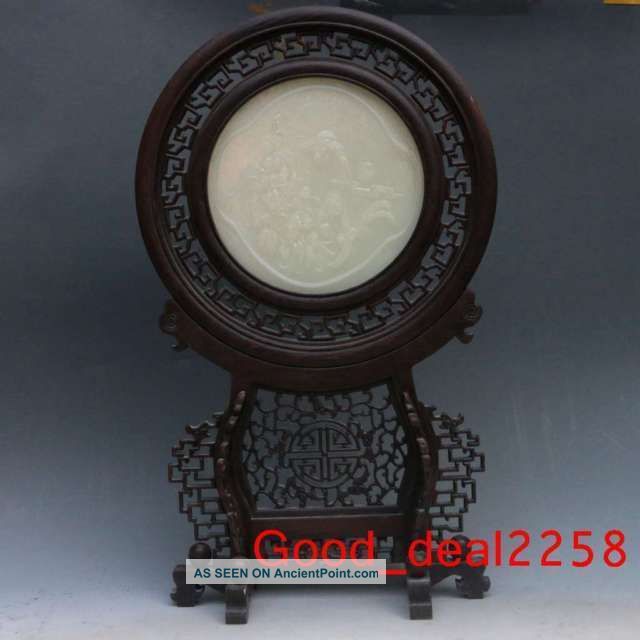 Chinese Round Wood Inlay Afghanistan Jade Carved Birds & Fruit Screen Other Chinese Antiques photo