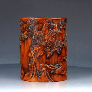 Chinese Bamboo Hand Carved The Old Man& Tree Brush Pot Dy153 photo