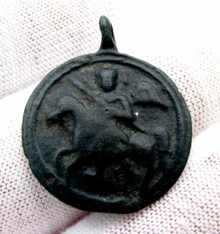 Medieval 1200 Ad Bronze Icon Pendant W/ St George On Horse - Artifact - F54 photo