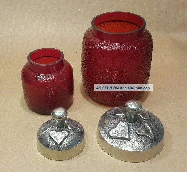 Vintage Red Glass Arts & Crafts Style Pots Bottle Metal Lids Textured Red Glass Arts & Crafts Movement photo