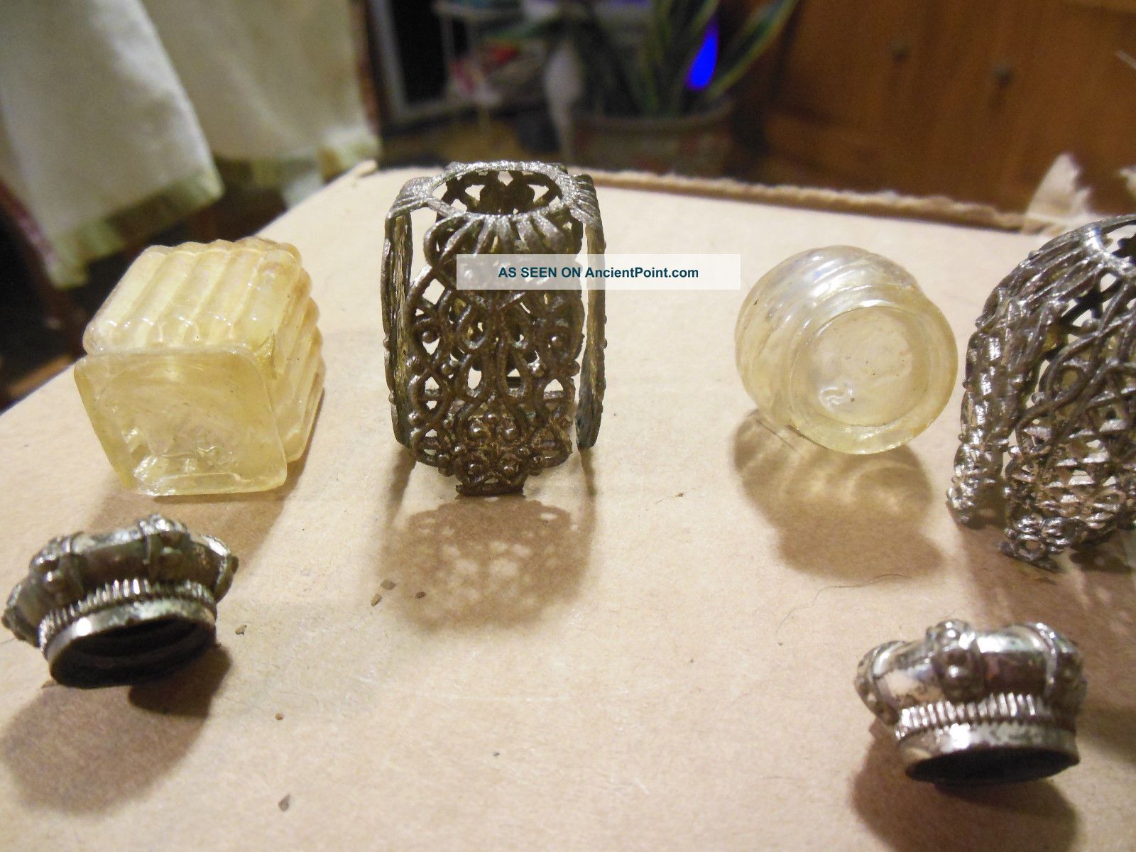 2 Antique Perfume Bottles W/ Fancy Metal Cozys & Caps Like Royal Crowns Perfume Bottles photo