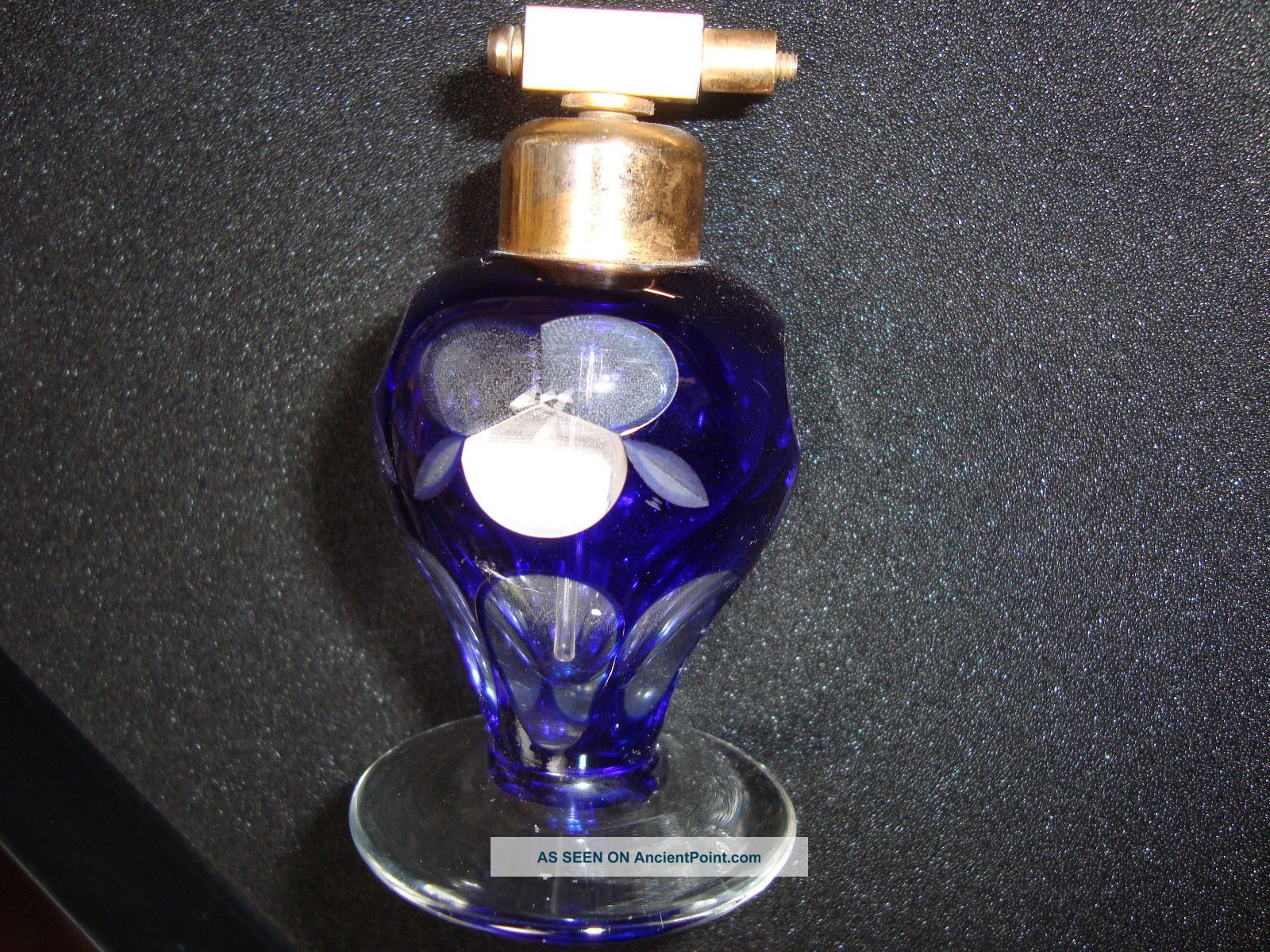 Art Deco Bohemia Czech Cobalt Blue Overlay Cut To Clear Footed Perfume Atomizer Perfume Bottles photo