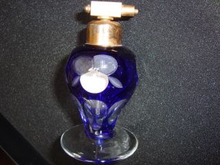 Art Deco Bohemia Czech Cobalt Blue Overlay Cut To Clear Footed Perfume Atomizer photo