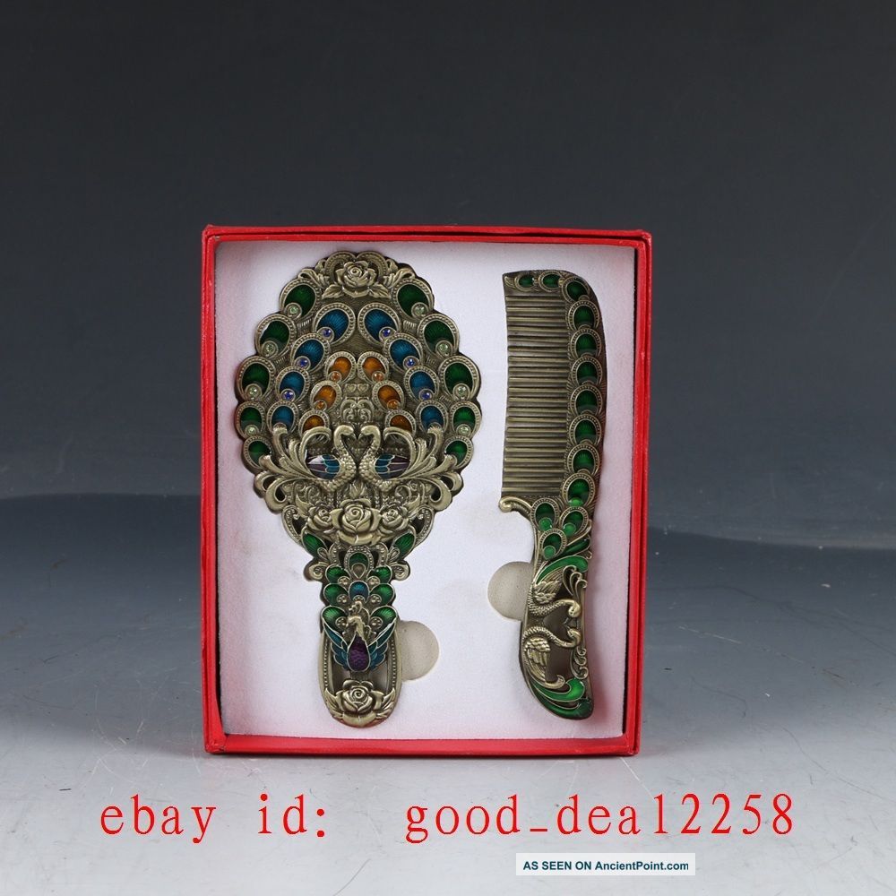 Chinese Cloisonne Inlaid Rhinestone Handwork Peacock Pattern Mirror & Comb Sj05 Other Chinese Antiques photo
