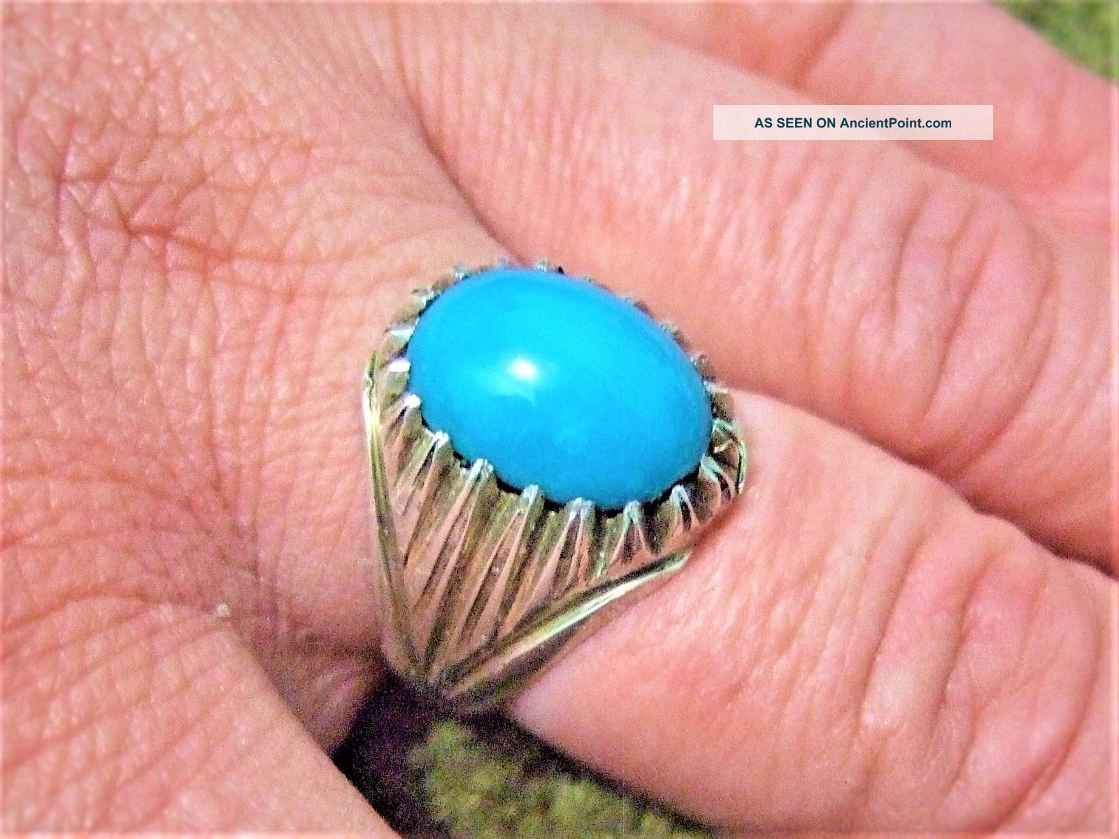 Sterling Silver 925 Geniun Persian Neshabori Hussainy Turquoise Ring 9.  78 - Gram Islamic photo