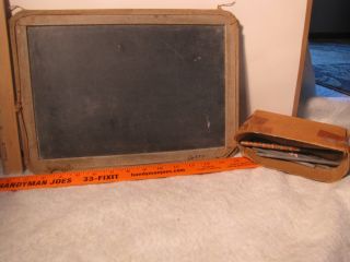 Antique Double Sided Slate School Chalkboard Cloth Twine Cover And Slate Pencils photo