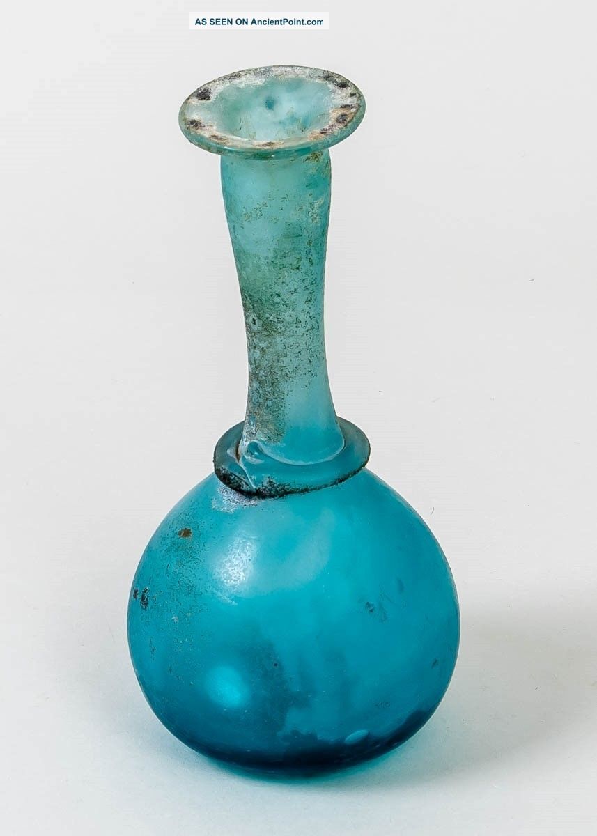 Roman Glass Vessel Blue Iridescent Bottle Hand Blown 7.  5 
