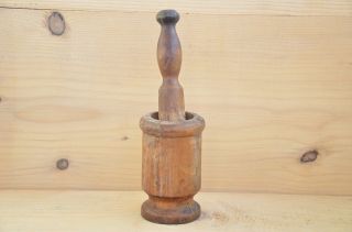 Old Antique Primitive Wooden Mortar And Pestle For Spices photo