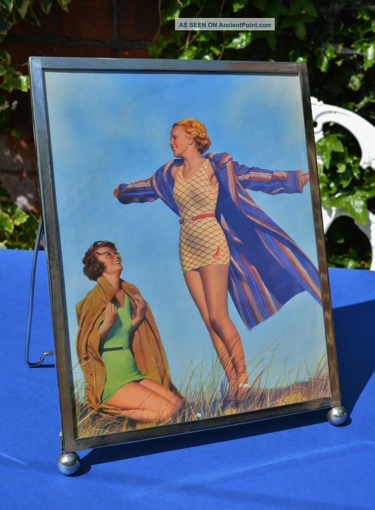 Large 1930s Art Deco Silver Plate Photo Frame With Bathing Beauty Print Art Deco photo