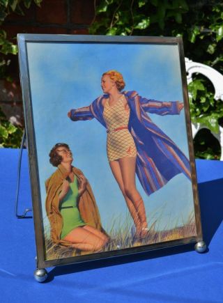 Large 1930s Art Deco Silver Plate Photo Frame With Bathing Beauty Print photo