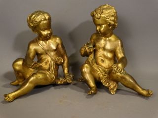(2) Antique Bronze Figural Piano Baby Style Cherub Putti Lg Clock Topper Statue photo