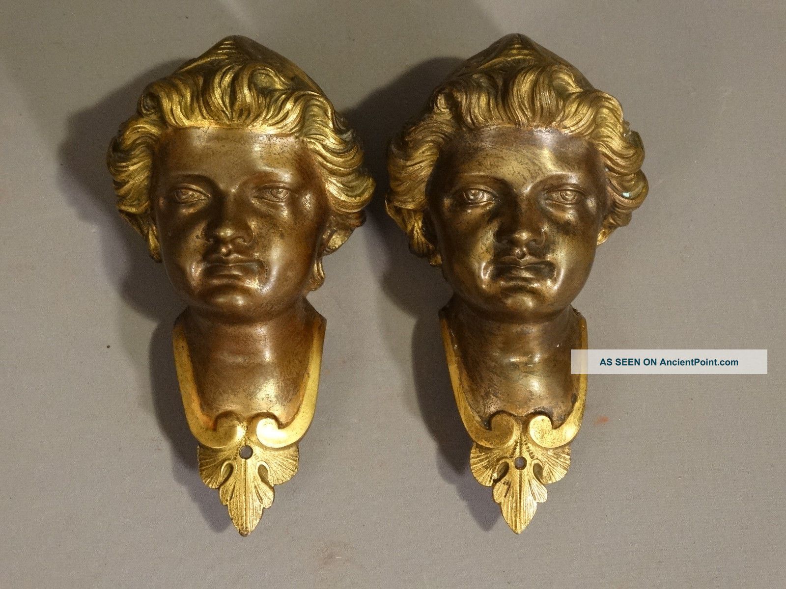 (2) Antique Bronze Figural Blackamoor Head Bust Old French Furniture Salvage Metalware photo