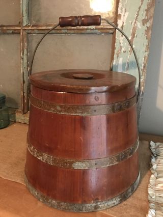 Vintage Rustic Wooden Bucket - Sugar Bucket Firkin With Handle And Lid photo