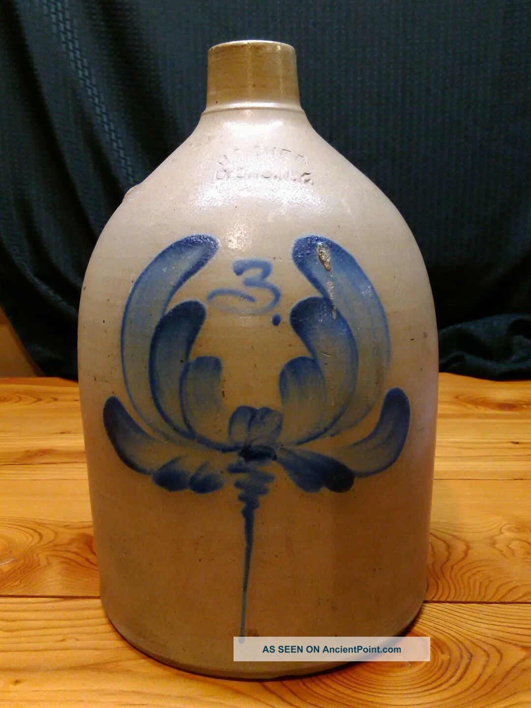 Vintage 3 Gallon Stoneware Jug W/ Cobolt Blue Flower J.  Fisher Lyons,  N.  Y. Jugs photo