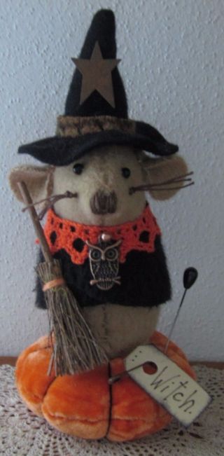 Primitive Wool Halloween Witch Mouse Broom Owl Make Do Pin Cushion Pfatt Ehag photo