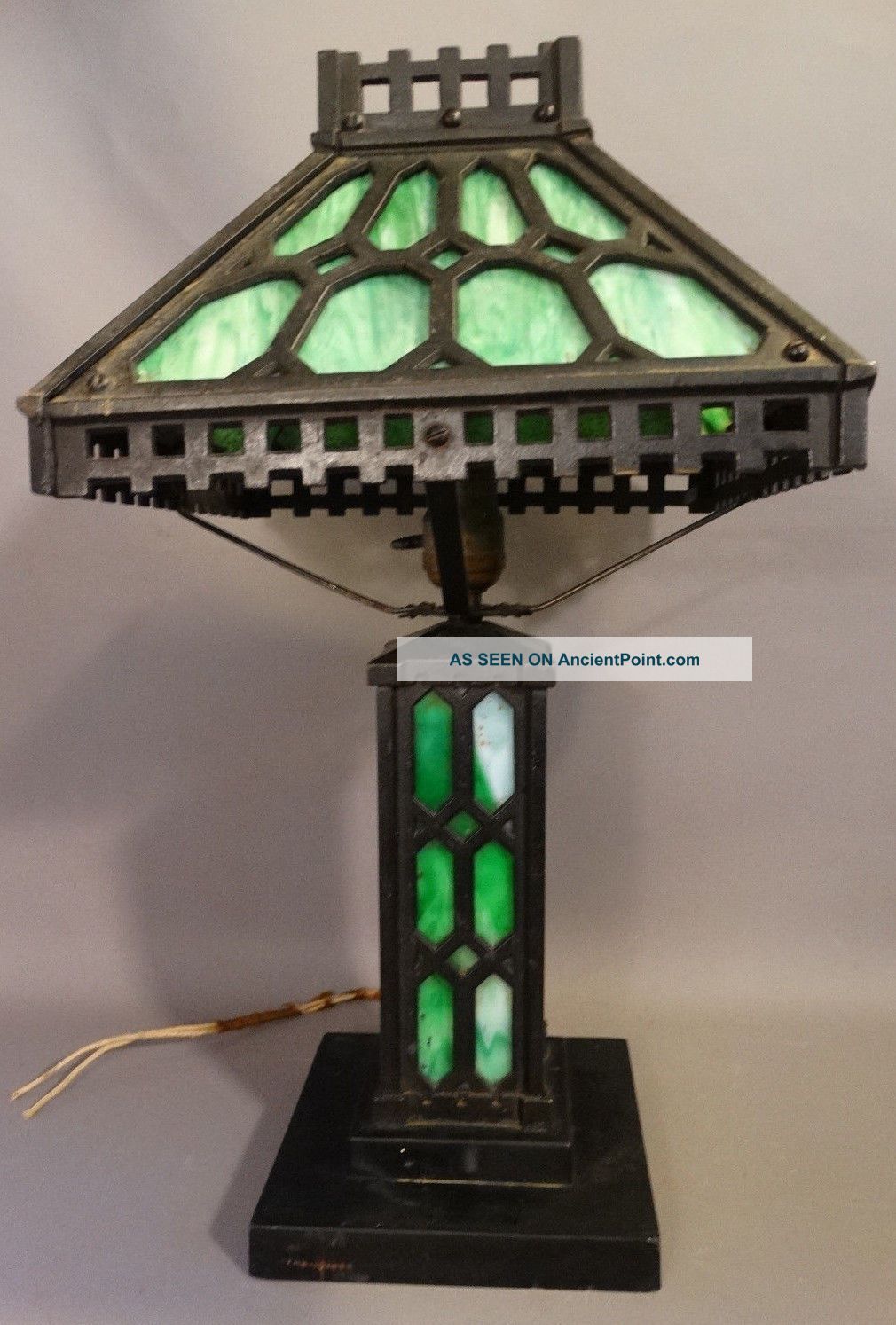 Antique Arts & Crafts Old Mission Era Green Slag Glass & Iron Parlor Lamp Shade Lamps photo
