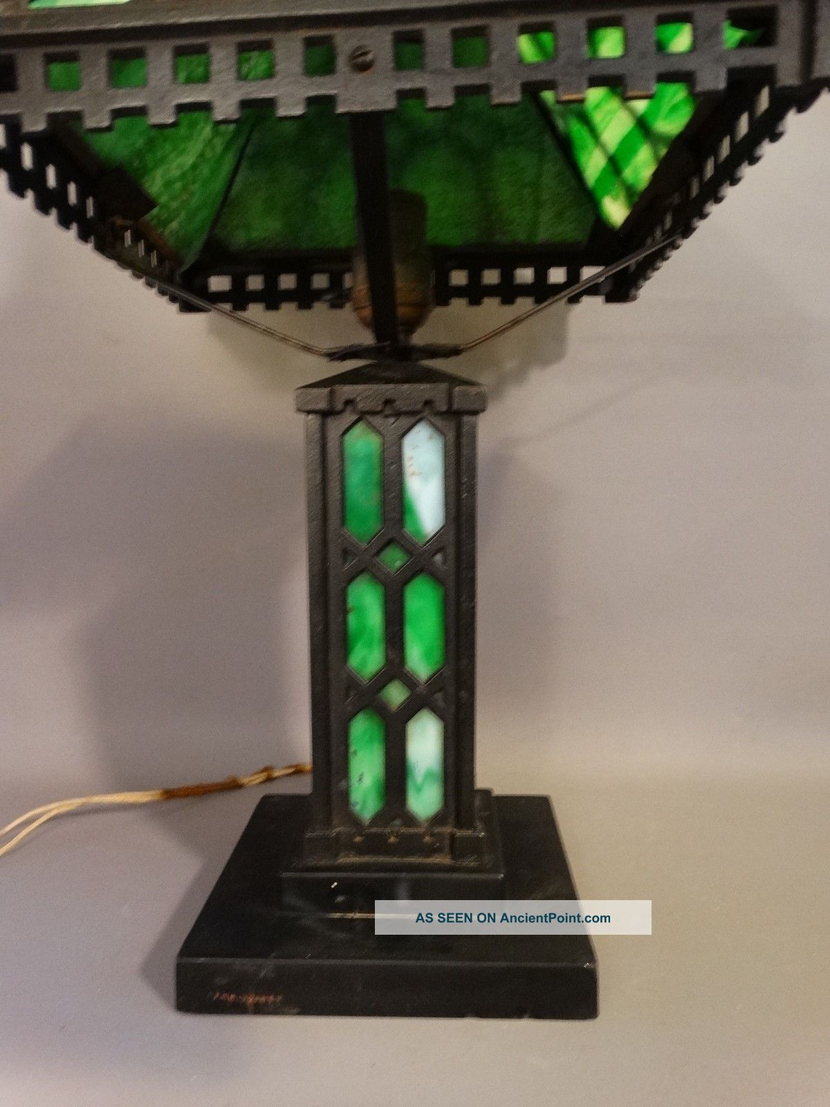 Antique Arts & Crafts Old Mission Era Green Slag Glass & Iron Parlor