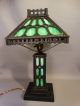 Antique Arts & Crafts Old Mission Era Green Slag Glass & Iron Parlor Lamp Shade Lamps photo 3