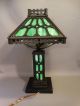 Antique Arts & Crafts Old Mission Era Green Slag Glass & Iron Parlor Lamp Shade Lamps photo 4