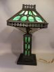 Antique Arts & Crafts Old Mission Era Green Slag Glass & Iron Parlor Lamp Shade Lamps photo 6