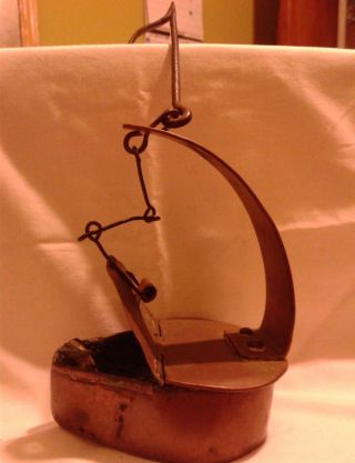 Antique Primitive Copper Betty Oil Lamp With Pick.  Great Collector ' S Item photo