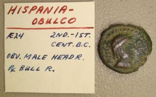 2nd - 1st Century Bc Hispania,  Obulco Male Head / Bull Ancient Greek Ae24 F photo