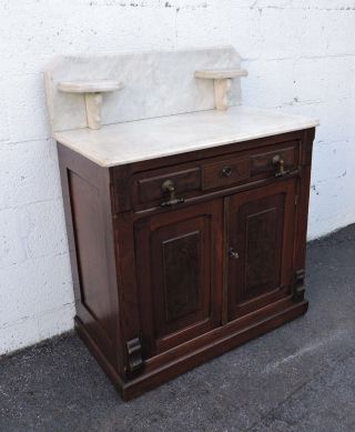 Early Victorian Eastlake Carved Marble - Top Wash Stand Cabinet 7811 photo