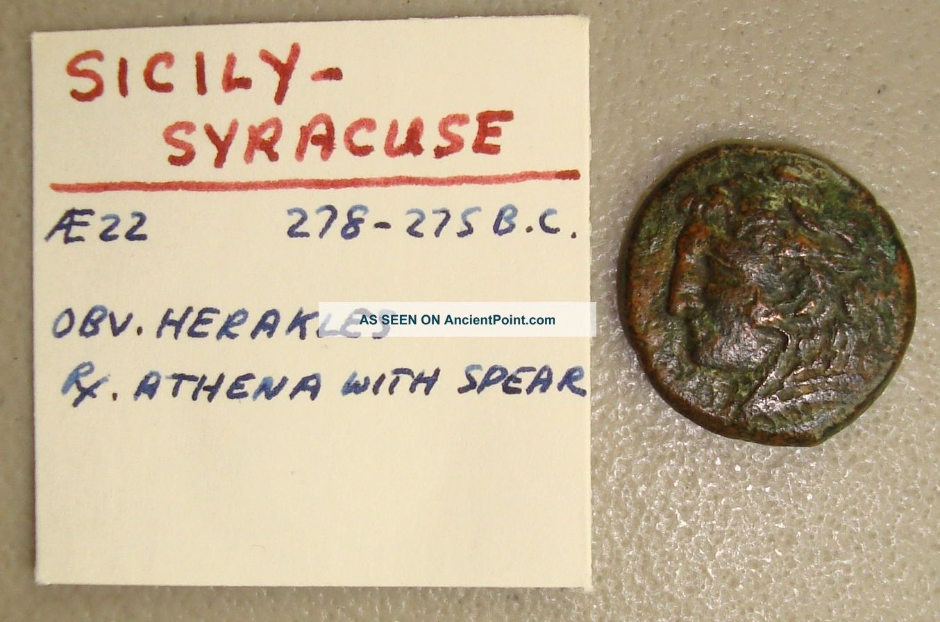 278 - 275 Bc Sicily,  Syracuse Heracles / Athena Ancient Greek Ae22 Vf Greek photo