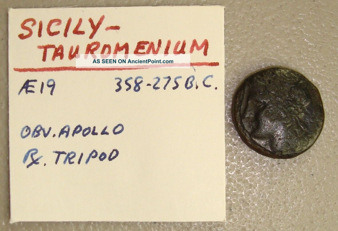 358 - 275 Bc Sicily,  Tauromenium Apollo / Tripod Ancient Greek Ae19 Vf Greek photo