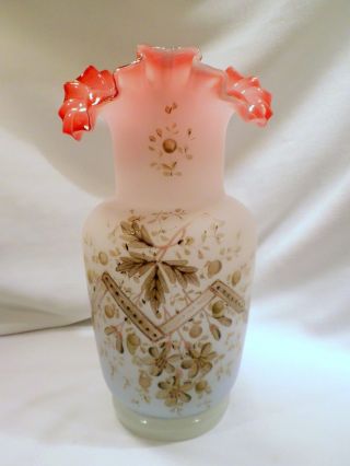 Rare Victorian Bristol Antique Art Glass Vase,  Cased Pink,  White,  Pale Blue photo