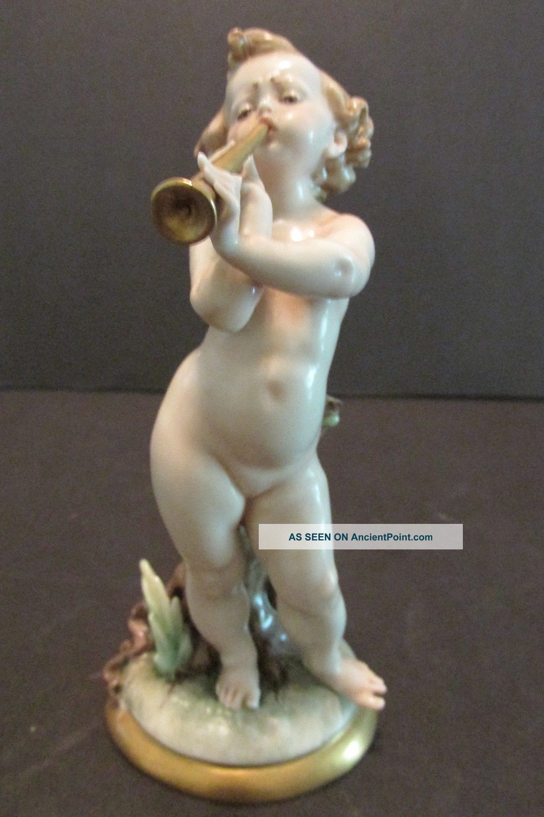 Cherub Playing Horn Capodimonte Porcelain Figurine Vtg Curly Haired Putti Figurines photo