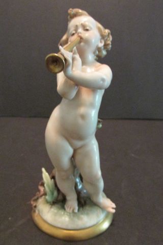 Cherub Playing Horn Capodimonte Porcelain Figurine Vtg Curly Haired Putti photo