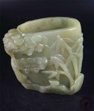 Large Old Chinese Celadon Nephrite Jade Carved Brush Pot Statue Pine Tree Bamboo photo