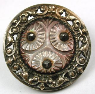 Lg Sz Antique Pierced Brass & Carved Shell Flowers W/ Cut Steel Accents 1 & 1/4 