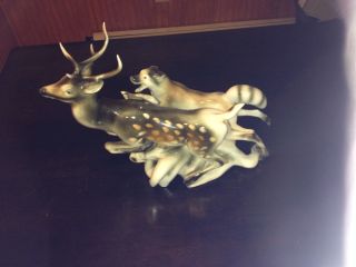 Royal Dux Stag Deer And Wolf.  Large Sculpture Statue.  18 Inches Long 11.  5 High. photo