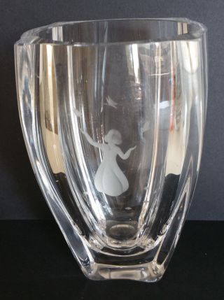 Orrefors Engraved Big Mid Century Crystal Vase Signed 1946 Art Glass photo